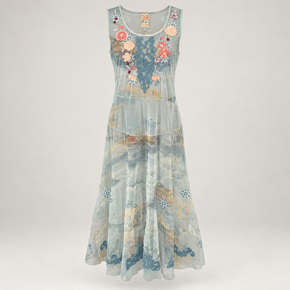 JOHNNY WAS Sz S Sheer Mesh Embroidered Floral Midi Dress Sleeveless *NO SLIP